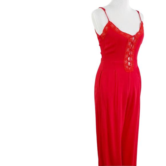 Avec Red 1 piece Sleeveless JumpSuit Pantsuit Crochet Insert Trim Small NWOT - Picture 2 of 11